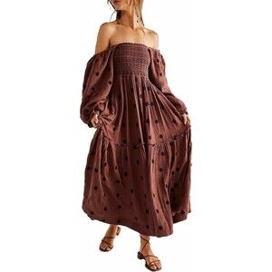 Free Flowing Floral Boho Maxi Dress – Long Puffy Sleeve Embroidered Maxi Dress M